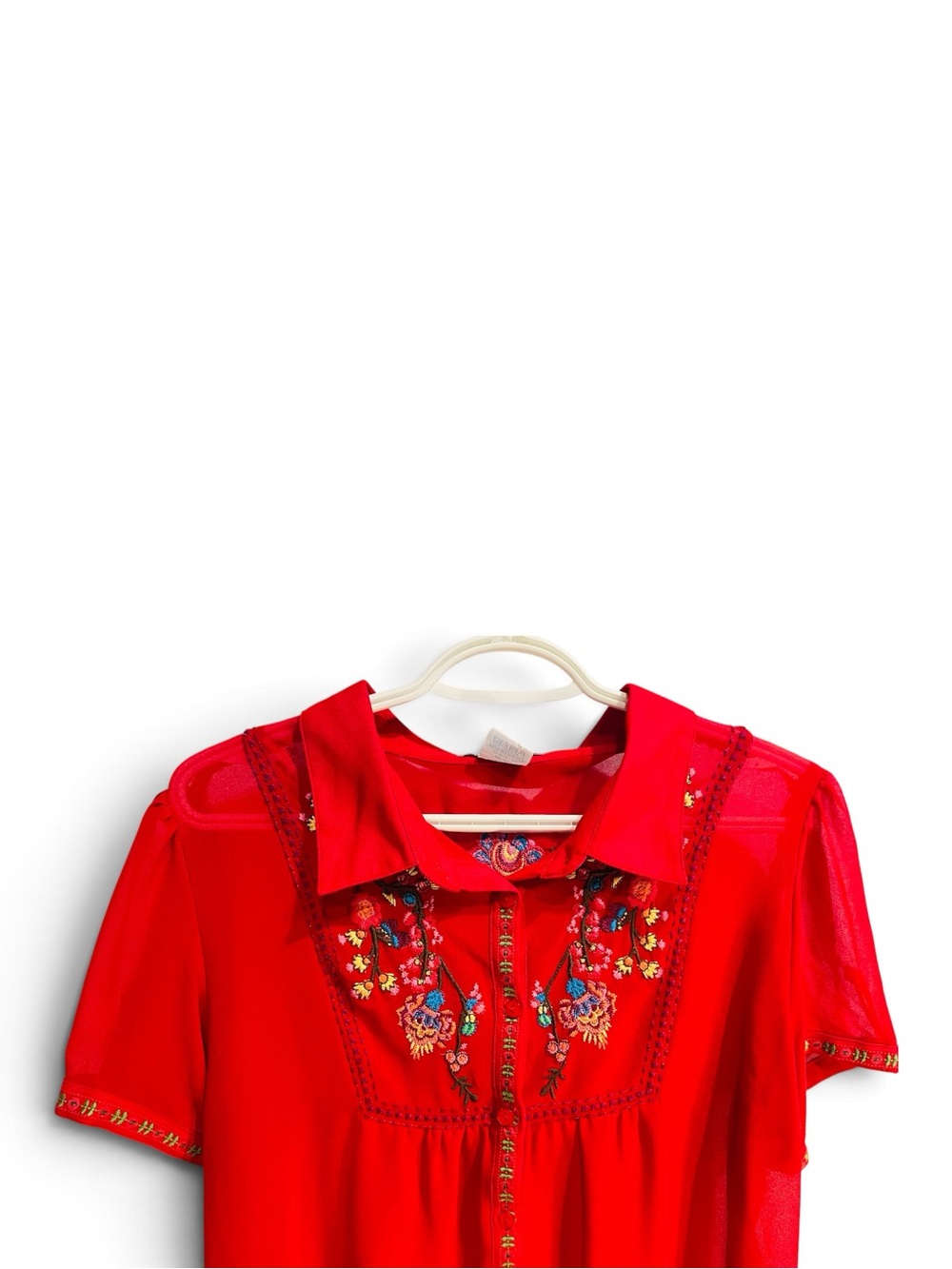 Embroidered Red Short-Sleeve Button-Front Blouse - Picture 3 of 6